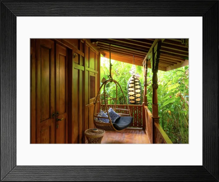 Framed Print : Swing seat on a vernadah of a house in Bali, Indonesia Framed Print : Swing seat on a vernadah of a house in Bali, Indonesia