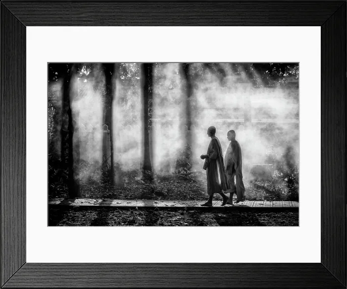 Framed Print : Two Buddhist monks walking through smoke from smouldering leaves, Xien Can Pagoda, Bac Lieu, Mekong Delta, Vietnam Framed Print : Two Buddhist monks walking through smoke from smouldering leaves, Xien Can Pagoda, Bac Lieu, Mekong Delta, Vietnam