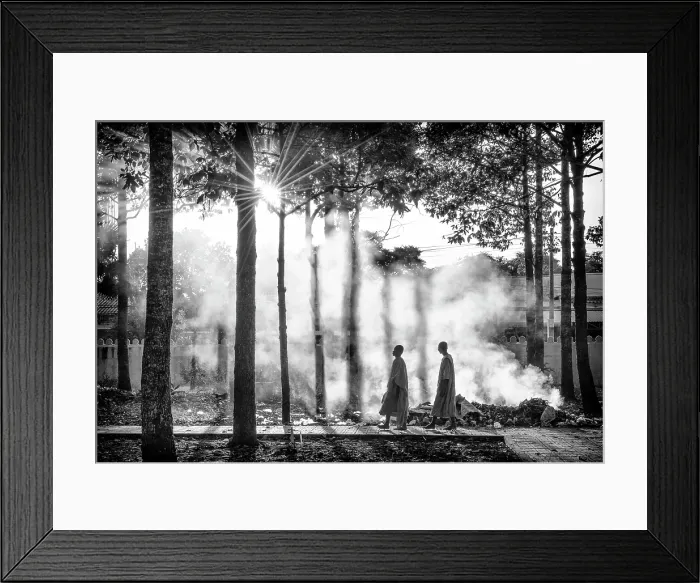 Framed Print : Two Buddhist monks walking through smoke from smouldering leaves, Xien Can Pagoda, Bac Lieu, Mekong Delta, Vietnam Framed Print : Two Buddhist monks walking through smoke from smouldering leaves, Xien Can Pagoda, Bac Lieu, Mekong Delta, Vietnam