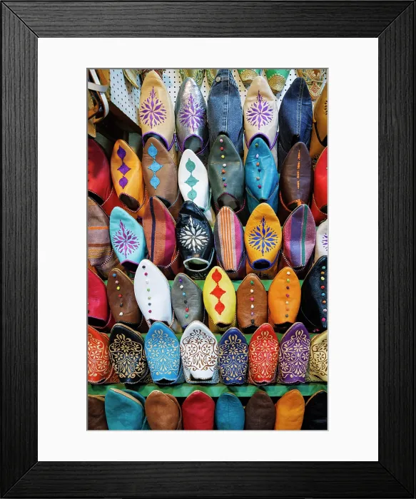 Framed Print : Slippers for sale in the souk of Marrakech, Morocco Framed Print : Slippers for sale in the souk of Marrakech, Morocco