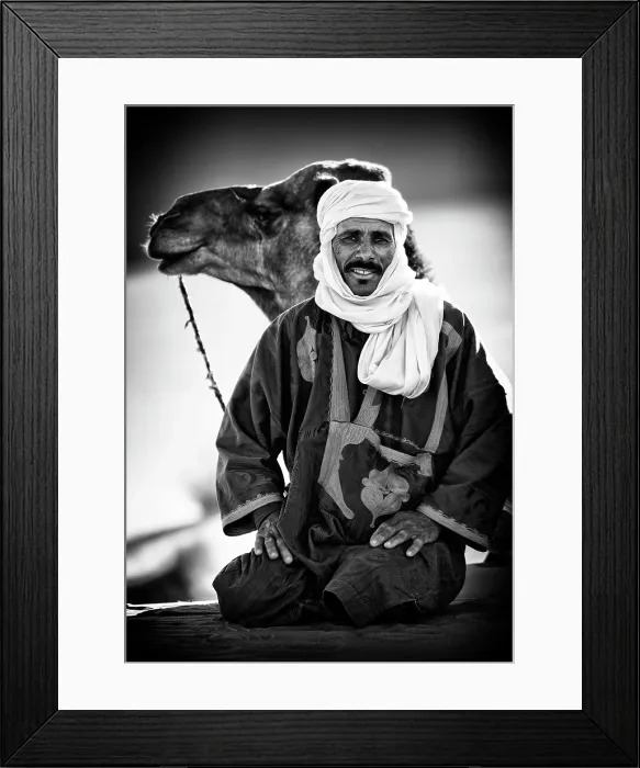 Framed Print : Portrait of a Berber man wearing traditional headscarf (Cheche), with his camel, Erg Chebbi, Sahara Desert, Merzouga Morocco