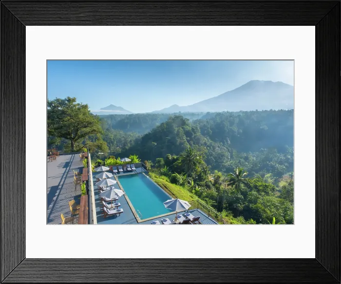 Framed Print : Swimming pool at Tapa Agung View Hotel with Mount Agung volcano (highest mountain in Bali) Bali, Indonesia Framed Print : Swimming pool at Tapa Agung View Hotel with Mount Agung volcano (highest mountain in Bali) Bali, Indonesia