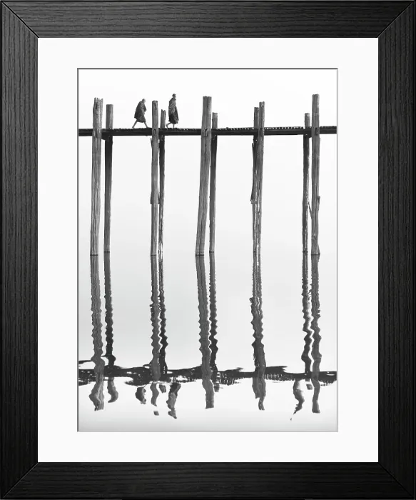 Framed Print : Two Buddhist monks walking across U Bein Bridge, the world's longest teak foot bridge spanning 1300 yards over Taungthaman Lake, Amarapura, near Mandalay, Myanmar Framed Print : Two Buddhist monks walking across U Bein Bridge, the world's longest teak foot bridge spanning 1300 yards over Taungthaman Lake, Amarapura, near Mandalay, Myanmar