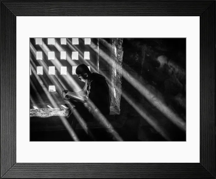Framed Print : Novice Buddhist Monk studying in the window of an ancient temple, Bagan, Myanmar Framed Print : Novice Buddhist Monk studying in the window of an ancient temple, Bagan, Myanmar