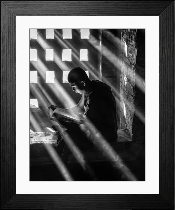 Framed Print : Novice Buddhist Monk studying in the window of an ancient temple, Bagan, Myanmar Framed Print : Novice Buddhist Monk studying in the window of an ancient temple, Bagan, Myanmar