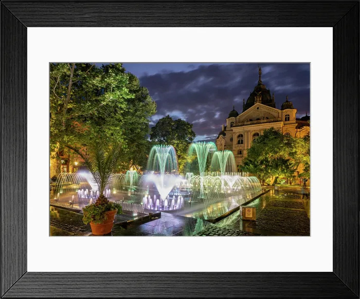 Framed Print : Fontana canterina (Singing fountain) and National Theatre Kosice (Narodne Divadlo Kosice), Kosice, Slovakia