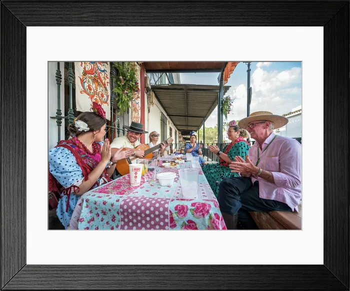 Framed Print : Pilgrims of a Hermandad (Brotherhood) singing and playing guitar during the Romeria de El Rocio pilgrimage, El Rocio, Huelva, Andalusia, Spain Framed Print : Pilgrims of a Hermandad (Brotherhood) singing and playing guitar during the Romeria de El Rocio pilgrimage, El Rocio, Huelva, Andalusia, Spain
