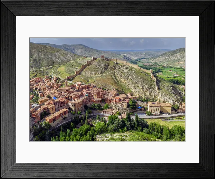 Framed Print : Aerial view of the old town and Arab walls, Albarracin, Aragon, Spain Framed Print : Aerial view of the old town and Arab walls, Albarracin, Aragon, Spain