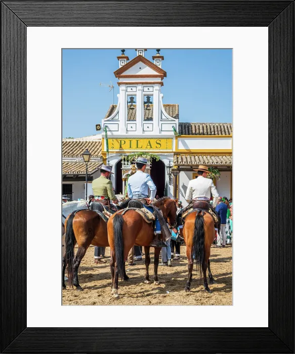 Framed Print : Horse riders in front of the Hermandad (Confraternity) de Pilas house, Romeria de El Rocio pilgrimage, El Rocio, Huelva, Andalusia, Spain Framed Print : Horse riders in front of the Hermandad (Confraternity) de Pilas house, Romeria de El Rocio pilgrimage, El Rocio, Huelva, Andalusia, Spain