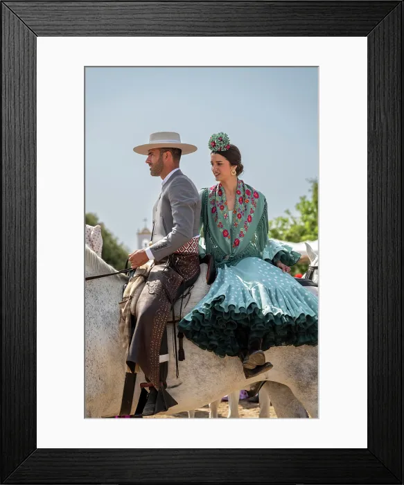 Framed Print : Horseman with woman traditionally dressed on horseback, Romeria de El Rocio pilgrimage, El Rocio, Huelva, Andalusia, Spain Framed Print : Horseman with woman traditionally dressed on horseback, Romeria de El Rocio pilgrimage, El Rocio, Huelva, Andalusia, Spain