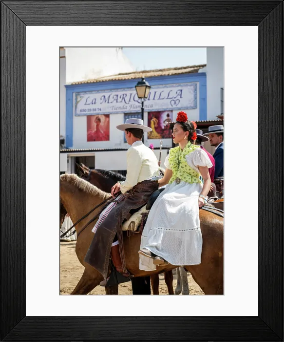 Framed Print : Horseman with woman traditionally dressed on horseback, Romeria de El Rocio pilgrimage, El Rocio, Huelva, Andalusia, Spain Framed Print : Horseman with woman traditionally dressed on horseback, Romeria de El Rocio pilgrimage, El Rocio, Huelva, Andalusia, Spain
