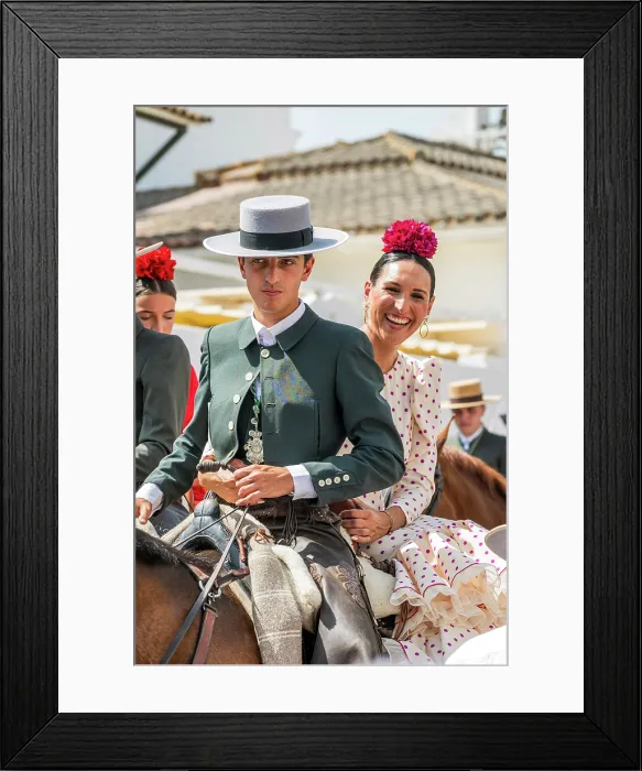 Framed Print : Horseman with woman traditionally dressed on horseback, Romeria de El Rocio pilgrimage, El Rocio, Huelva, Andalusia, Spain Framed Print : Horseman with woman traditionally dressed on horseback, Romeria de El Rocio pilgrimage, El Rocio, Huelva, Andalusia, Spain