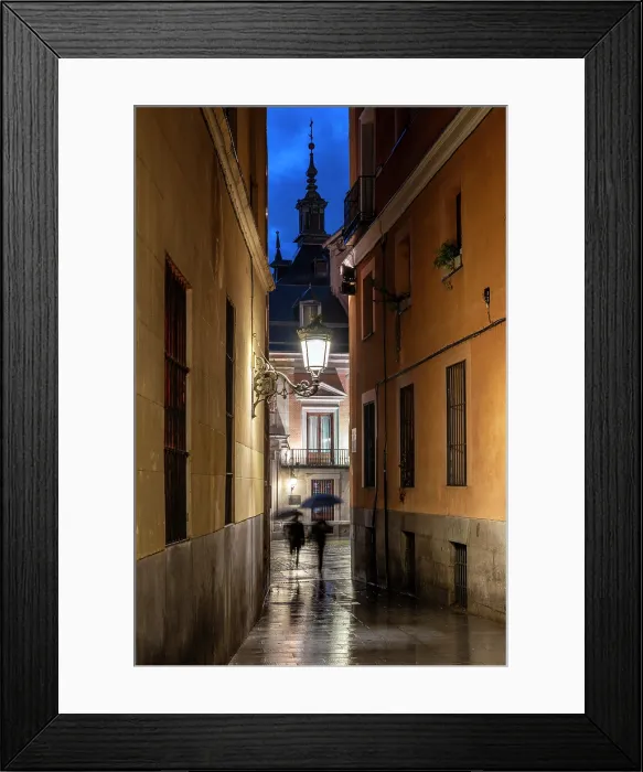 Framed Print : Picturesque alleyway in the old town by night, Madrid, Spain Framed Print : Picturesque alleyway in the old town by night, Madrid, Spain