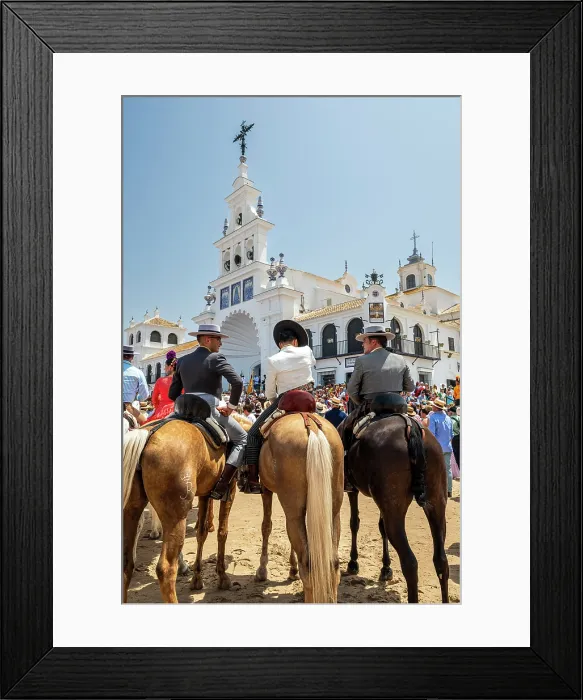 Framed Print : Horsemen in front of Ermita de la Virgen del Rocio, Romeria de El Rocio pilgrimage, El Rocio, Huelva, Andalusia, Spain Framed Print : Horsemen in front of Ermita de la Virgen del Rocio, Romeria de El Rocio pilgrimage, El Rocio, Huelva, Andalusia, Spain