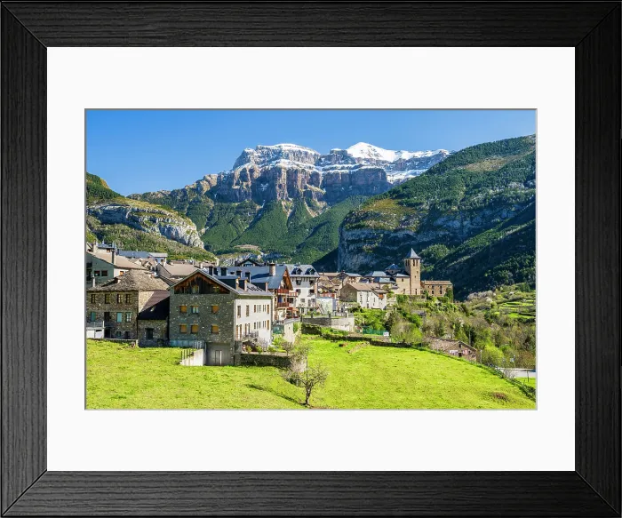 Framed Print : Scenic view of the town with Mondarruego mountain behind, Torla, Aragon, Spain