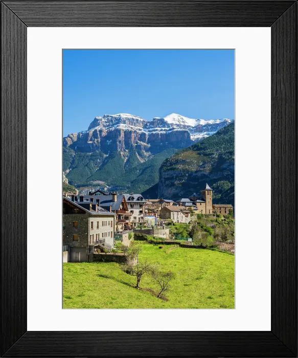 Framed Print : Scenic view of the town with Mondarruego mountain behind, Torla, Aragon, Spain