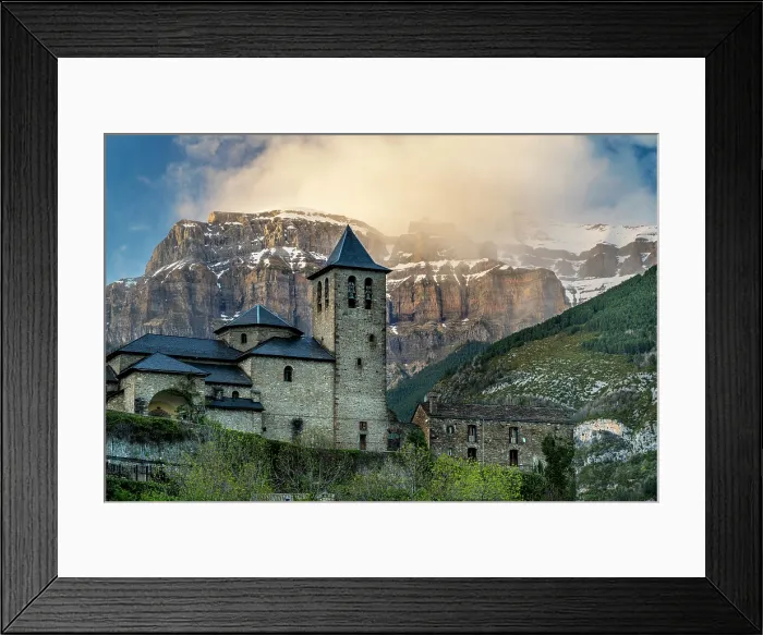 Framed Print : San Salvador church with Mondarruego mountain behind, Torla, Aragon, Spain