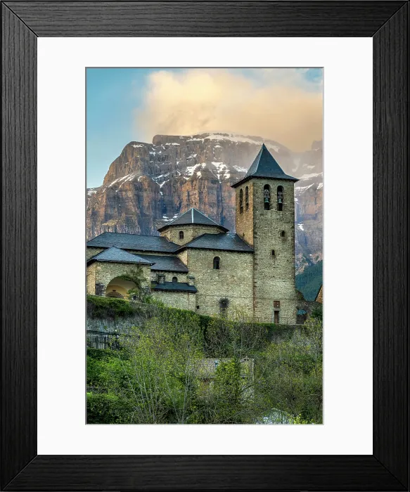 Framed Print : San Salvador church with Mondarruego mountain behind, Torla, Aragon, Spain Framed Print : San Salvador church with Mondarruego mountain behind, Torla, Aragon, Spain