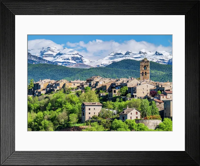 Framed Print : Scenic view of the old town with the snowy Spanish Pyrenees in the background, Ainsa, Aragon, Spain Framed Print : Scenic view of the old town with the snowy Spanish Pyrenees in the background, Ainsa, Aragon, Spain