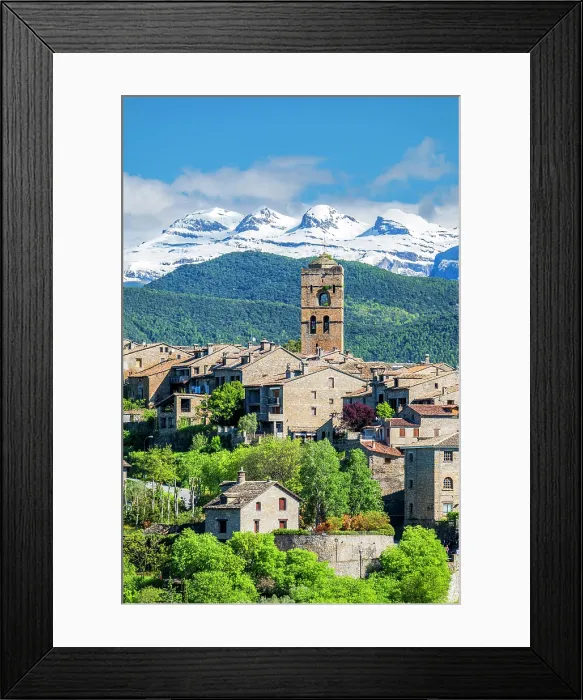 Framed Print : Scenic view of the old town with the snowy Spanish Pyrenees in the background, Ainsa, Aragon, Spain Framed Print : Scenic view of the old town with the snowy Spanish Pyrenees in the background, Ainsa, Aragon, Spain