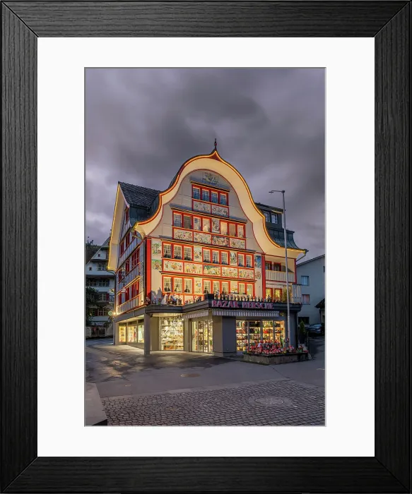 Framed Print : Colorful painted facade of Bazar Hersche toy store, Appenzell, Canton of Appenzell Innerrhoden, Switzerland Framed Print : Colorful painted facade of Bazar Hersche toy store, Appenzell, Canton of Appenzell Innerrhoden, Switzerland
