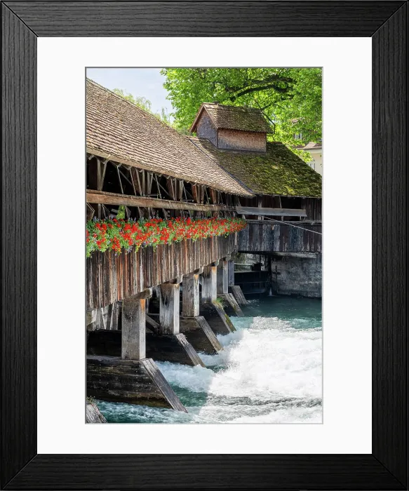 Framed Print : Obere Schleuse wooden bridge, Thun, Canton of Bern, Switzerland Framed Print : Obere Schleuse wooden bridge, Thun, Canton of Bern, Switzerland