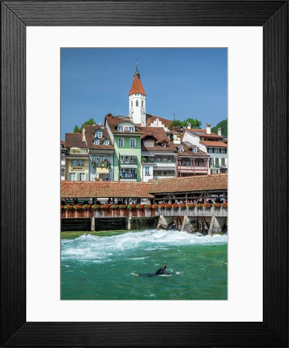 Framed Print : Obere Schleuse wooden bridge, Thun, Canton of Bern, Switzerland Framed Print : Obere Schleuse wooden bridge, Thun, Canton of Bern, Switzerland