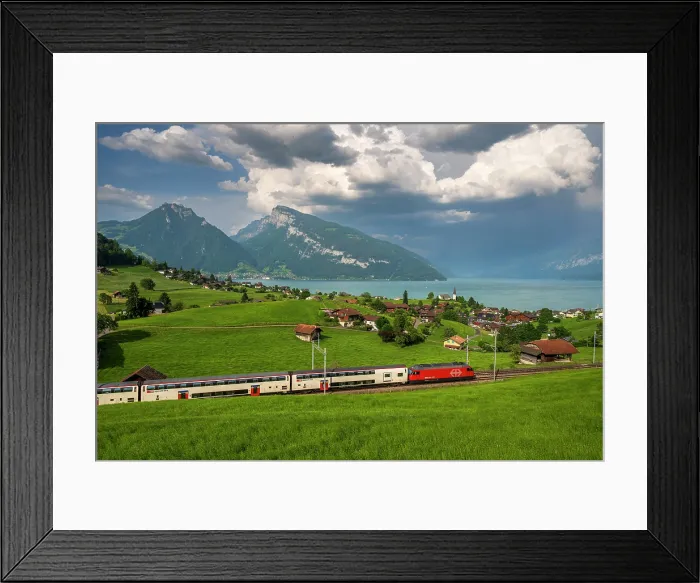 Framed Print : Passenger train passing near Lake Thun, Spiez, Canton of Bern, Switzerland Framed Print : Passenger train passing near Lake Thun, Spiez, Canton of Bern, Switzerland