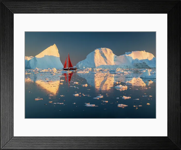 Framed Print : Red sailboat near icebergs in Disko Bay, Greenland Framed Print : Red sailboat near icebergs in Disko Bay, Greenland