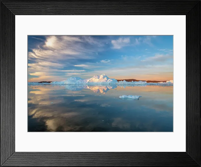 Framed Print : Cirrus clouds over icebergs in Disko Bay, Greenland Framed Print : Cirrus clouds over icebergs in Disko Bay, Greenland