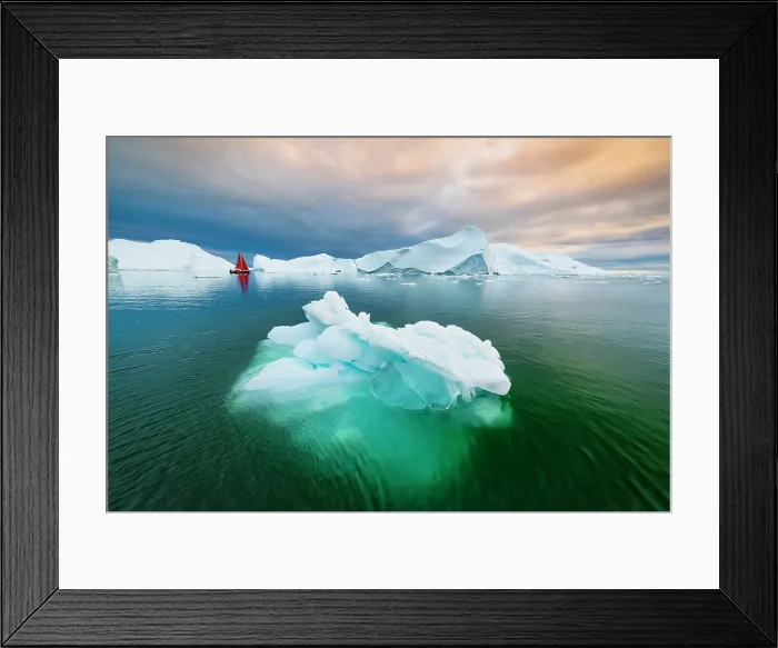 Framed Print : Red sailboat and icebergs in Disko Bay, Greenland Framed Print : Red sailboat and icebergs in Disko Bay, Greenland