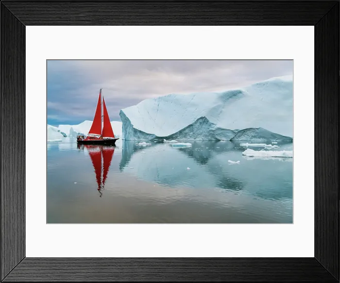 Framed Print : Red sailboat and icebergs in Disko Bay, Greenland Framed Print : Red sailboat and icebergs in Disko Bay, Greenland