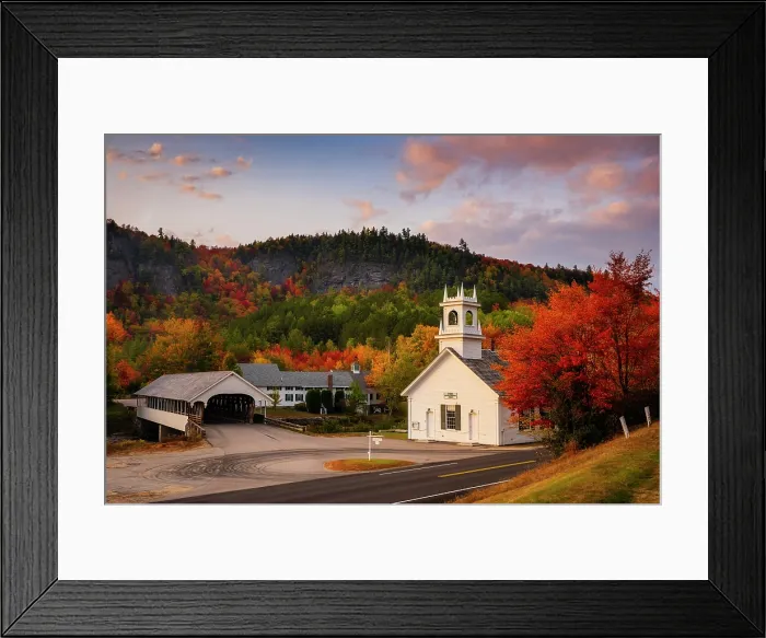 Framed Print : White-steeple Church and covered bridge in autumn, Stark, New Hampshire, USA Framed Print : White-steeple Church and covered bridge in autumn, Stark, New Hampshire, USA