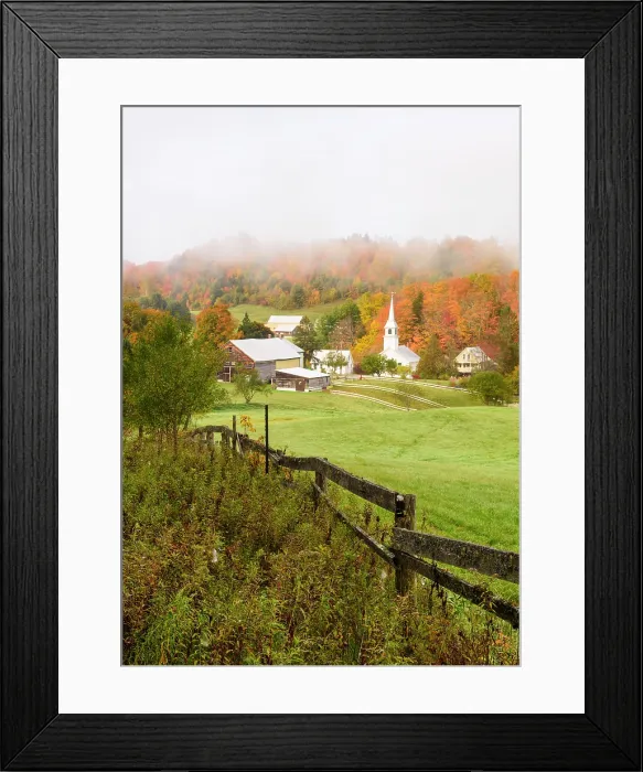 Framed Print : Autumn sunrise over white-steeple church and barn, Green Mountains, East Corinth, Vermont, USA