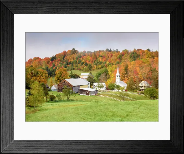 Framed Print : Autumn sunrise over white-steeple church and barn, Green Mountains, East Corinth, Vermont, USA Framed Print : Autumn sunrise over white-steeple church and barn, Green Mountains, East Corinth, Vermont, USA