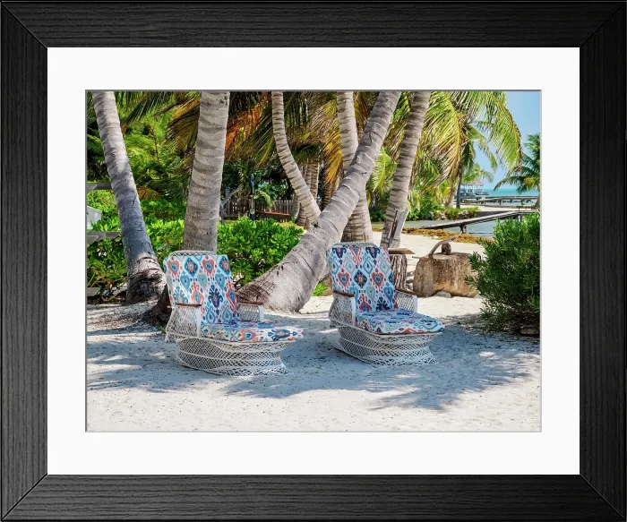 Framed Print : Chairs at the waterfront of San Pedro Town, Ambergris Caye, Belize District, Belize Framed Print : Chairs at the waterfront of San Pedro Town, Ambergris Caye, Belize District, Belize