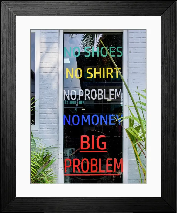 Framed Print : Announcement at the Shop Window, Caye Caulker Village, Caye Caulker, Belize District, Belize