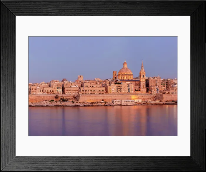 Framed Print : Skyline with Basilica of our Lady of Mount Carmel Dome and St.Pauls Anglican Cathedral Spire, Sunset Valletta, Malta Framed Print : Skyline with Basilica of our Lady of Mount Carmel Dome and St.Pauls Anglican Cathedral Spire, Sunset Valletta, Malta