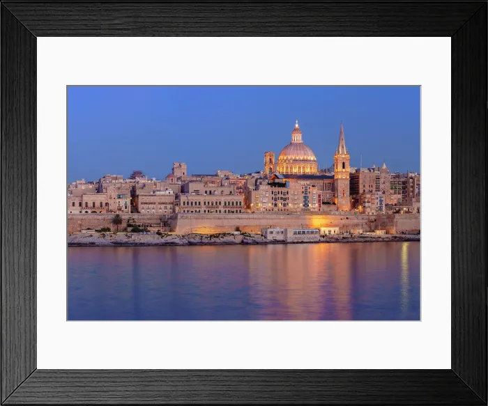 Framed Print : Skyline with Basilica of our Lady of Mount Carmel Dome and St.Pauls Anglican Cathedral Spire, Valletta, Malta