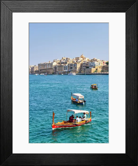 Framed Print : Senglea one of the Three Cities, Grand Harbour View as seen from Valletta with traditional water taxi, Valletta, Malta Framed Print : Senglea one of the Three Cities, Grand Harbour View as seen from Valletta with traditional water taxi, Valletta, Malta