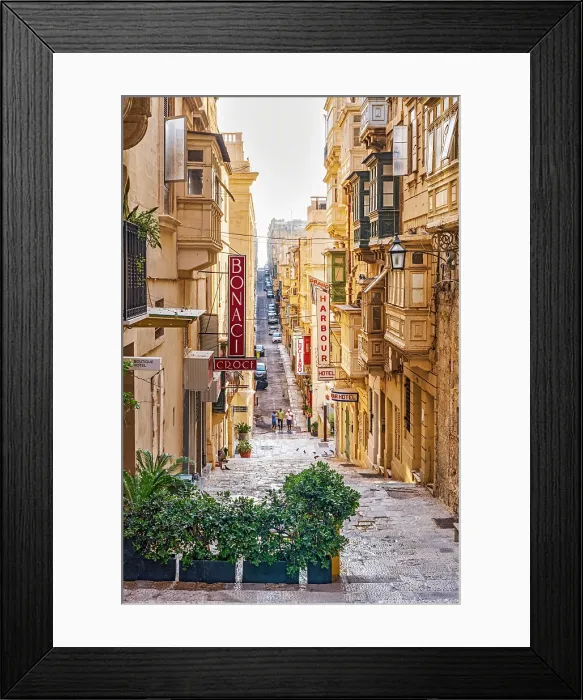 Framed Print : Typical Street Scene in the heart of Valletta with Red British Mail Box, Valletta, Malta