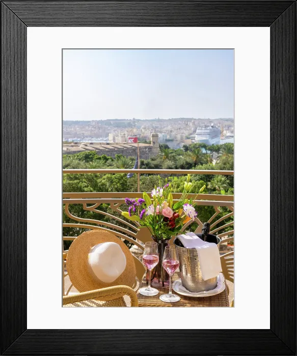 Framed Print : Hotel Phoenicia, Harbor View with Glass of Champagne, Valletta, Malta