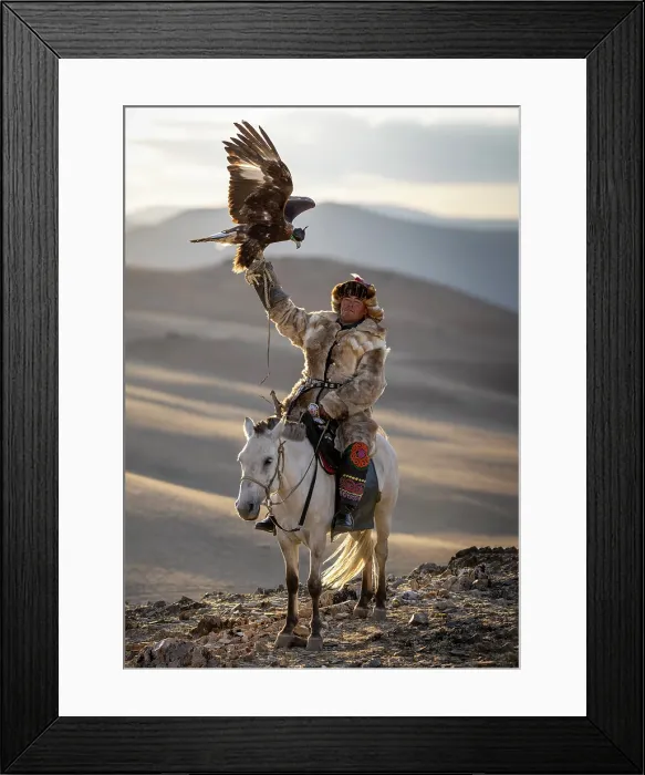 Framed Print : Kazakh Eagle Hunter on horseback wearing traditional fur clothing and posing with his trained golden eagle, Bayan-Ulgii Province, Western Mongolia, Asia Framed Print : Kazakh Eagle Hunter on horseback wearing traditional fur clothing and posing with his trained golden eagle, Bayan-Ulgii Province, Western Mongolia, Asia