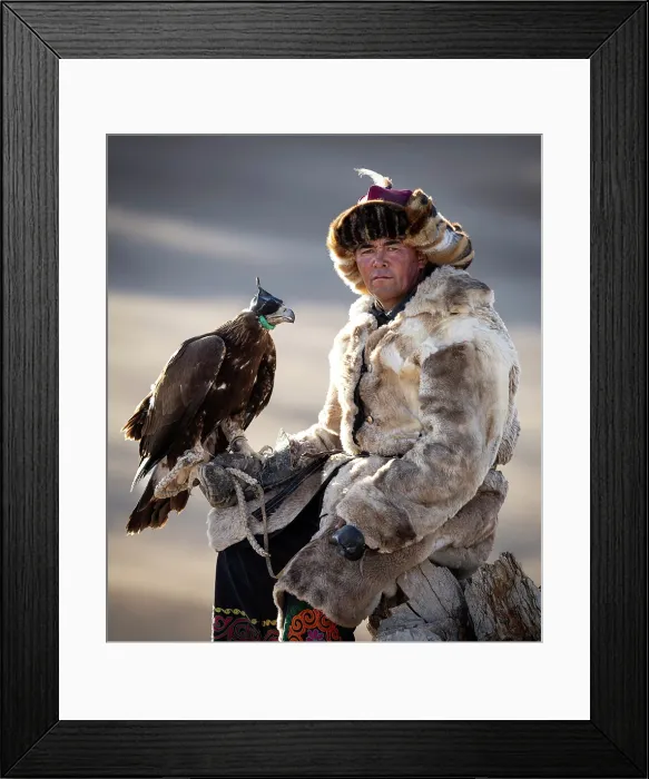 Framed Print : Portrait of a Kazakh Eagle Hunter wearing traditional fur clothing and posing with his trained golden eagle, Bayan-Ulgii Province, Western Mongolia, Asia Framed Print : Portrait of a Kazakh Eagle Hunter wearing traditional fur clothing and posing with his trained golden eagle, Bayan-Ulgii Province, Western Mongolia, Asia