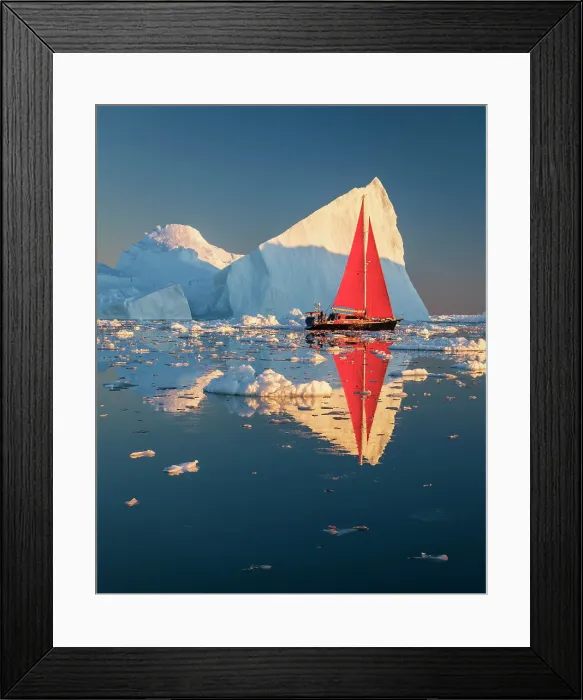 Framed Print : Red sailboat near icebergs in Disko Bay, Greenland Framed Print : Red sailboat near icebergs in Disko Bay, Greenland