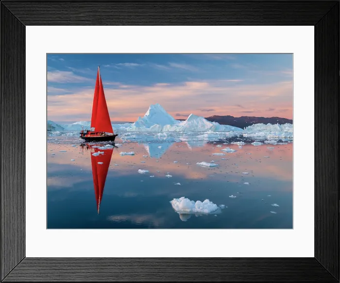 Framed Print : Red sailboat at sunset near icebergs in Disko Bay, Greenland Framed Print : Red sailboat at sunset near icebergs in Disko Bay, Greenland