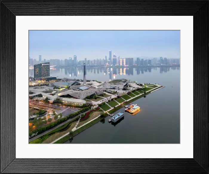 Framed Print : China, Hunan Province, Changsha City. Binjang Cultural Park with Changsha Concert Hall, Museum, Planning Exhibition Hall and Library. Delta of Xiang and Liuyang Rivers