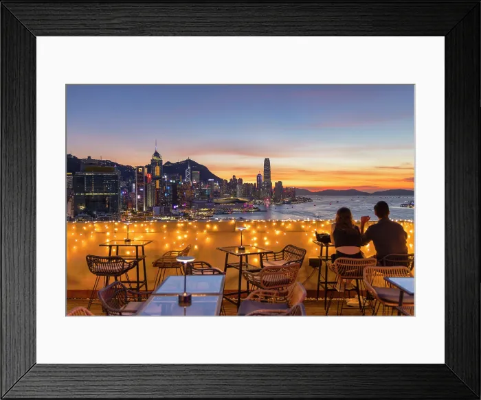 Framed Print : Couple at SipSip Rooftop Bar and skyline of Hong Kong Island at sunset, Hong Kong, China Framed Print : Couple at SipSip Rooftop Bar and skyline of Hong Kong Island at sunset, Hong Kong, China