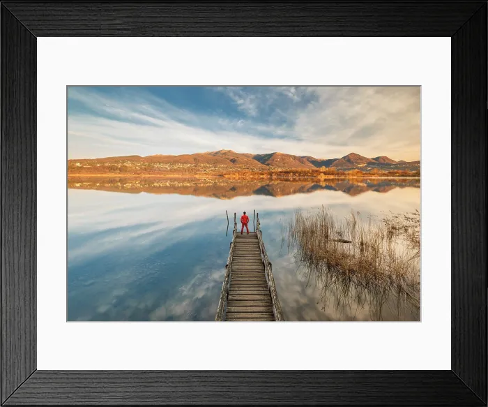 Framed Print : Hiker on the pier looks Alserio lake, Brianza, Parco regionale della Valle del Lambro, Como province, Lombardy, Italy (MR) Framed Print : Hiker on the pier looks Alserio lake, Brianza, Parco regionale della Valle del Lambro, Como province, Lombardy, Italy (MR)
