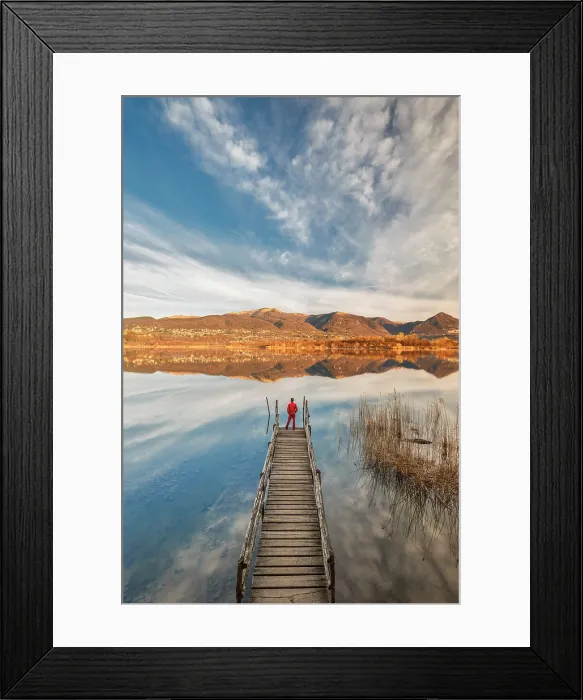Framed Print : Hiker on the pier looks Alserio lake, Brianza, Parco regionale della Valle del Lambro, Como province, Lombardy, Italy (MR) Framed Print : Hiker on the pier looks Alserio lake, Brianza, Parco regionale della Valle del Lambro, Como province, Lombardy, Italy (MR)